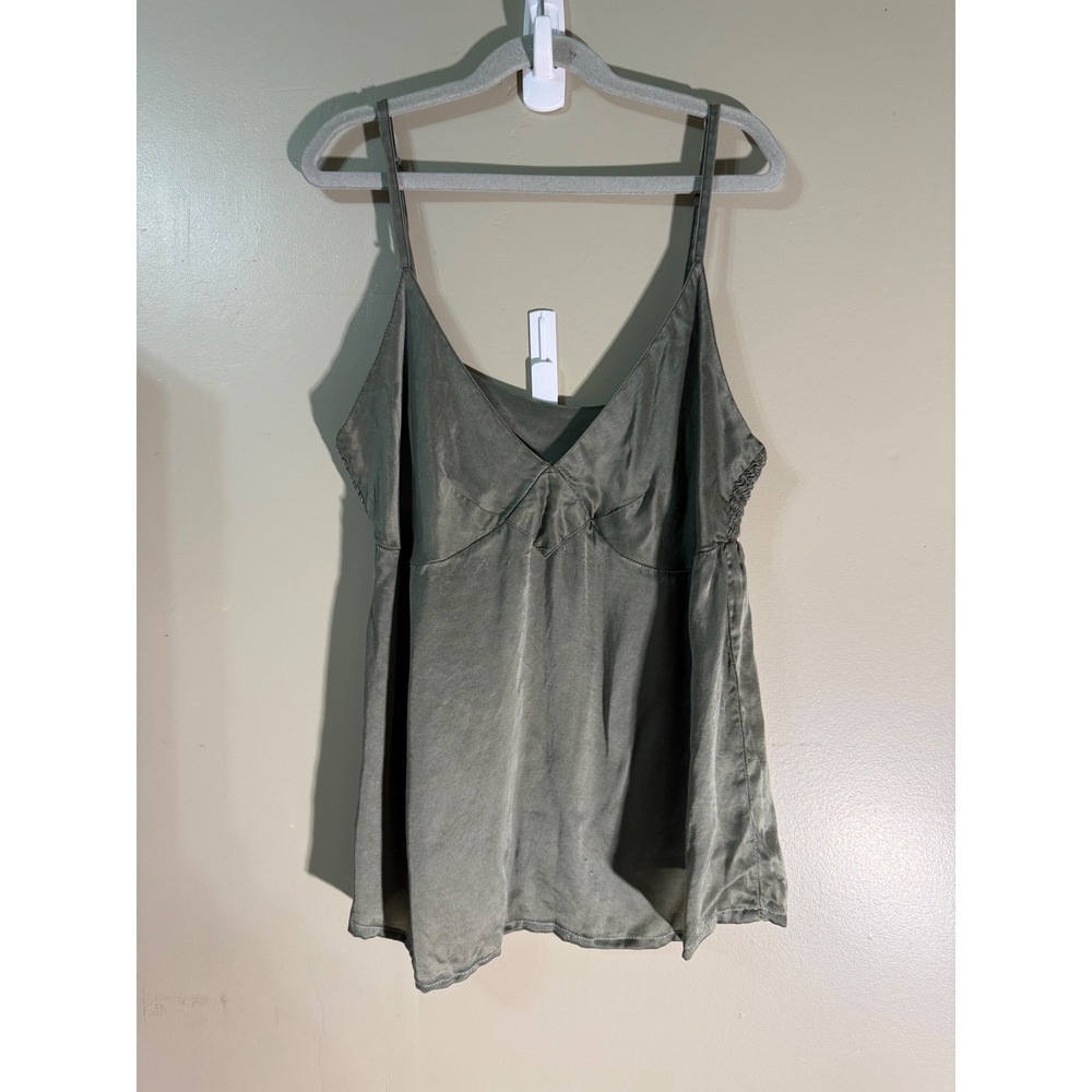Aerie Y2K Olive Green Satin Camisole Top V-Neck Smocked Back Layering Large